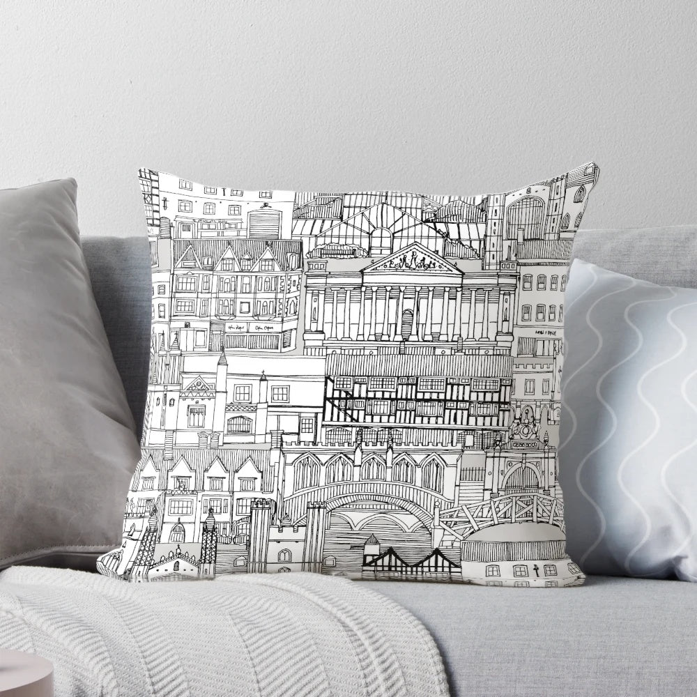 Cambridge toile mono pillow featuring black and white architectural patterns of Cambridge University buildings, churches, and landmarks