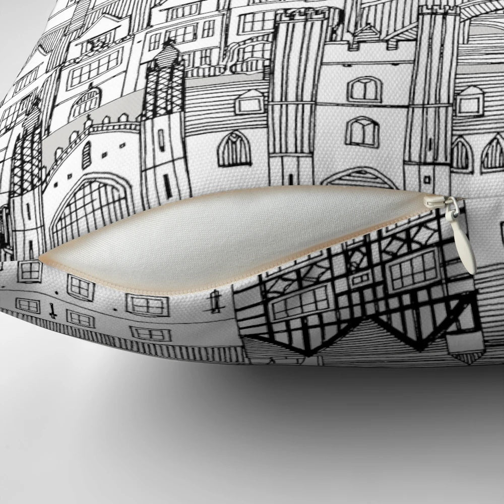 Cambridge toile mono pillow featuring black and white architectural patterns of Cambridge University buildings, churches, and landmarks