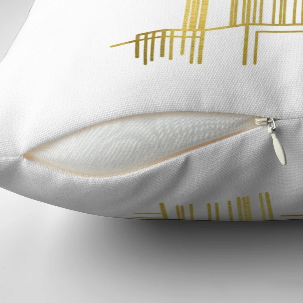 Close-up image of a gold-colored decorative pillow featuring the Cathedral of Learning, a renowned landmark at the University of Pittsburgh.