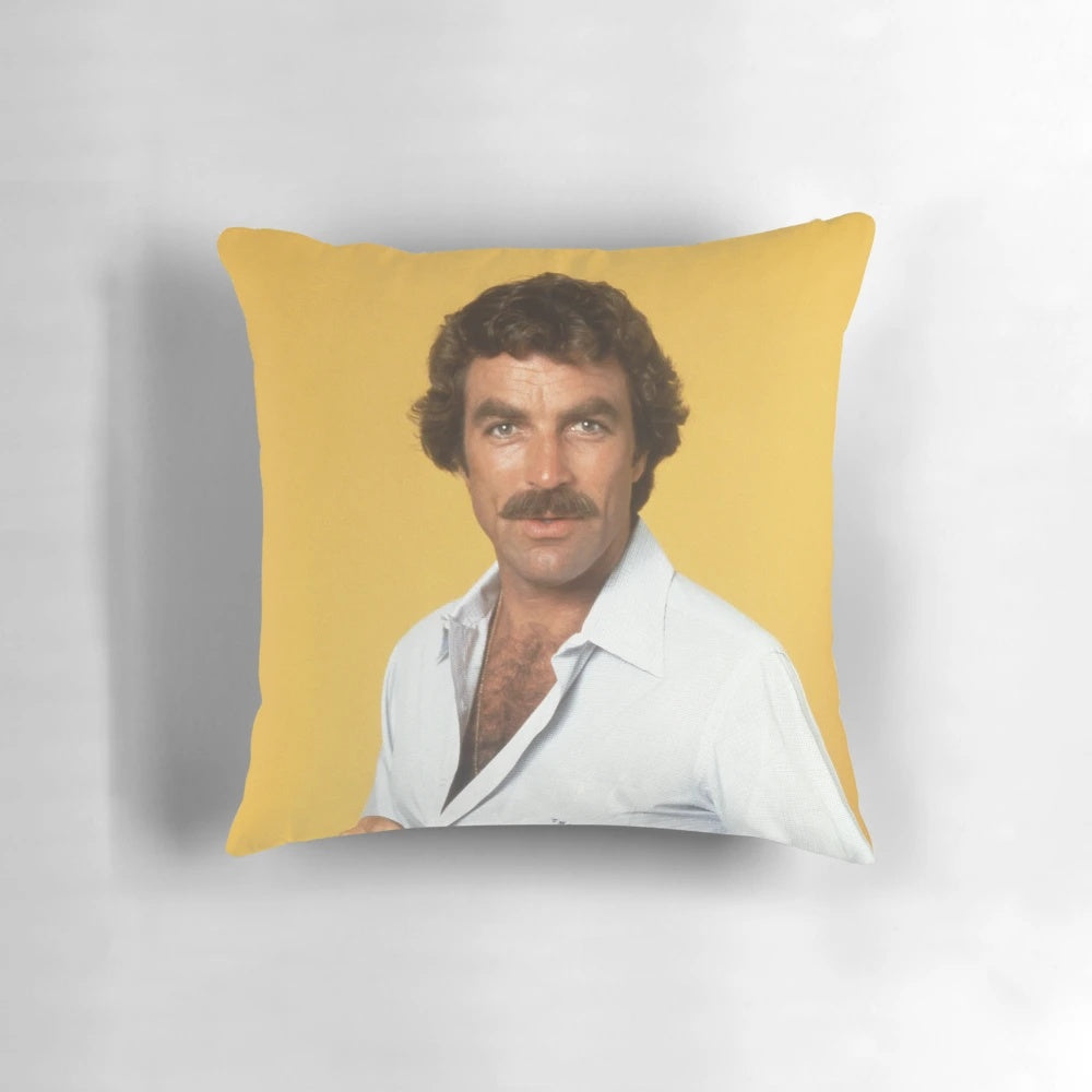 Stylized throw pillow featuring the iconic mustache of Hollywood actor Tom Selleck