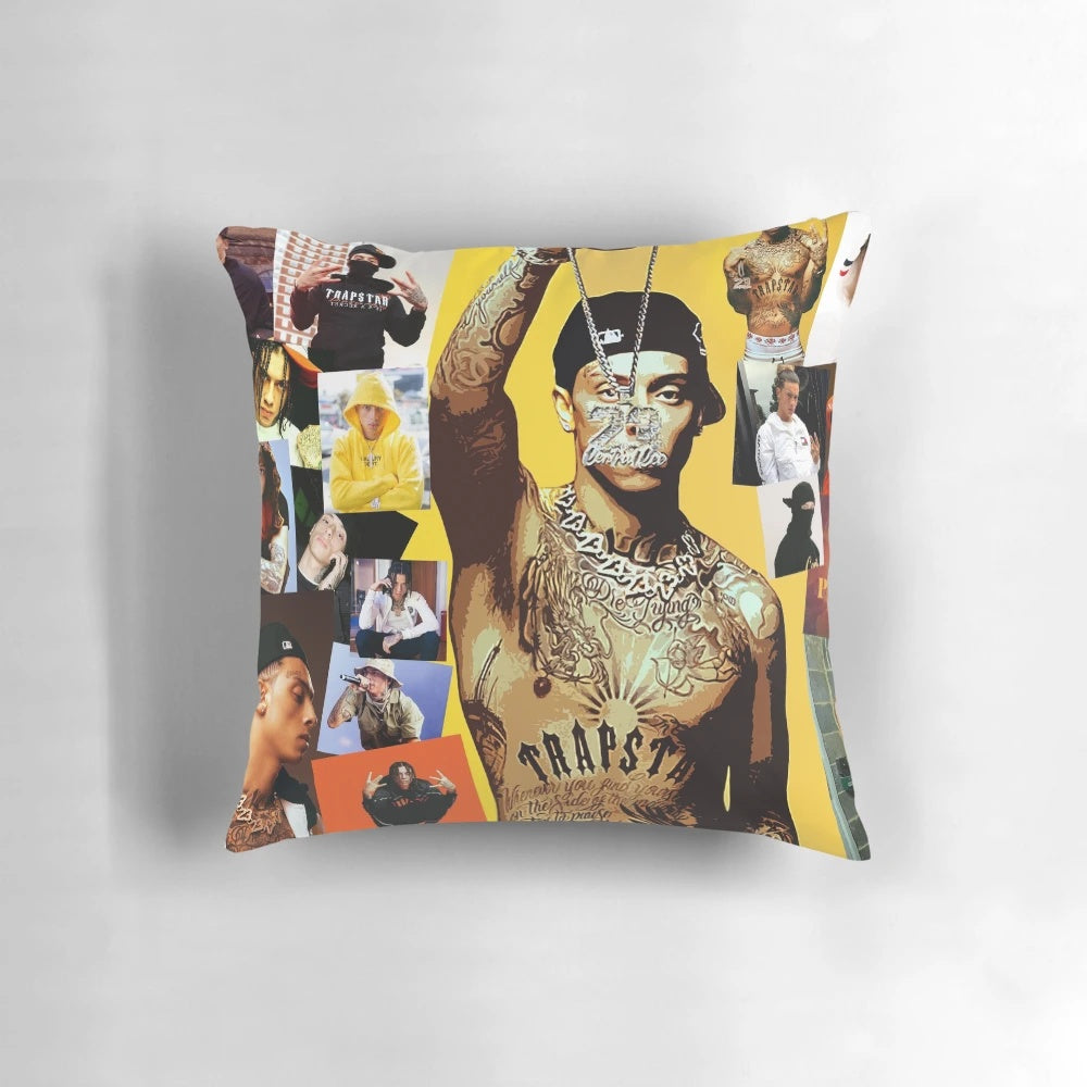A collage of images featuring British rapper Central Cee on a soft, comfortable pillow.