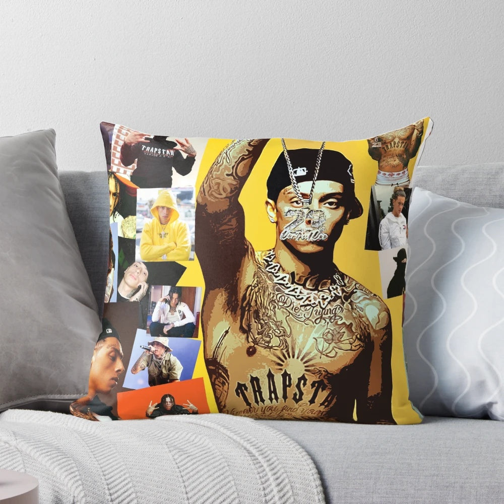 A collage of images featuring British rapper Central Cee on a soft, comfortable pillow.