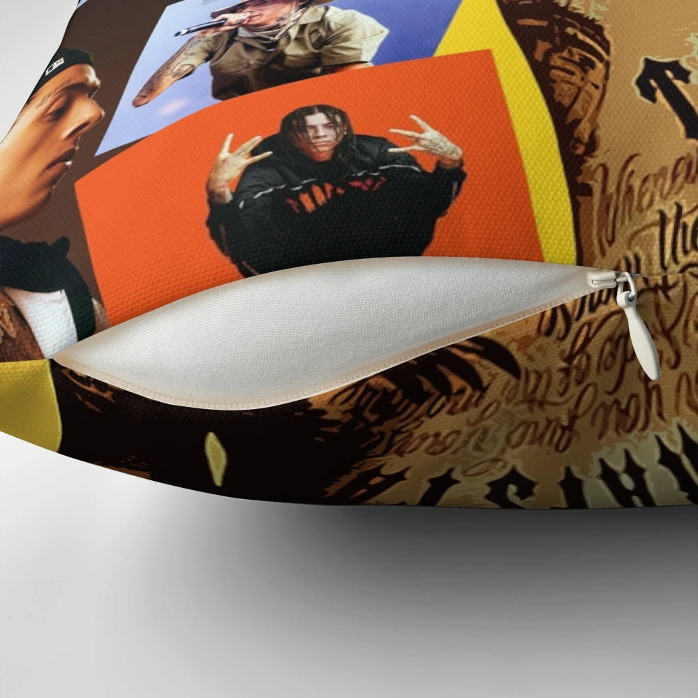 A collage of images featuring British rapper Central Cee on a soft, comfortable pillow.