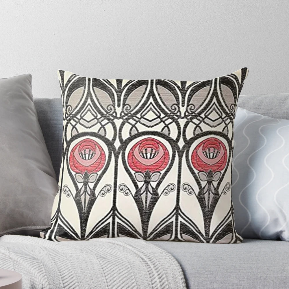 Decorative throw pillow featuring the iconic Scottish art nouveau flowers designed by Charles Rennie Mackintosh