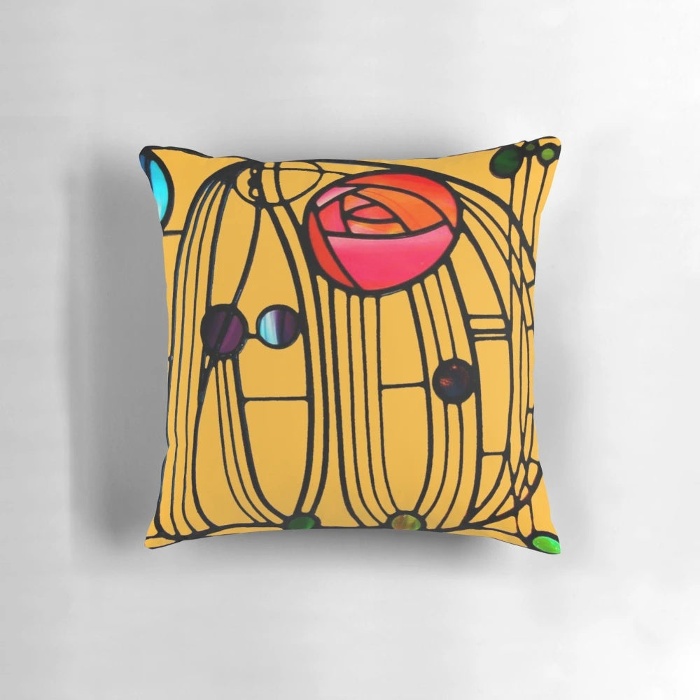 Decorative pillow featuring a window design by renowned Scottish architect and designer Charles Rennie Mackintosh.