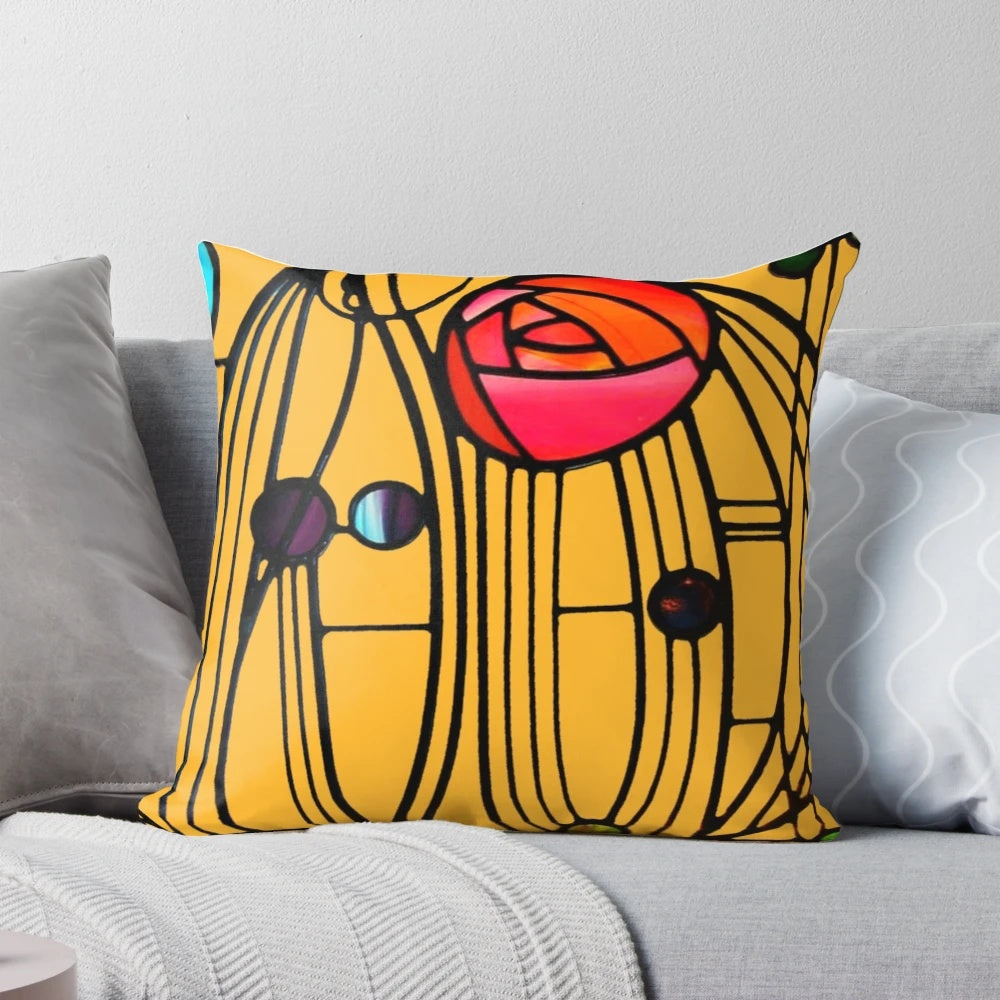 Decorative pillow featuring a window design by renowned Scottish architect and designer Charles Rennie Mackintosh.