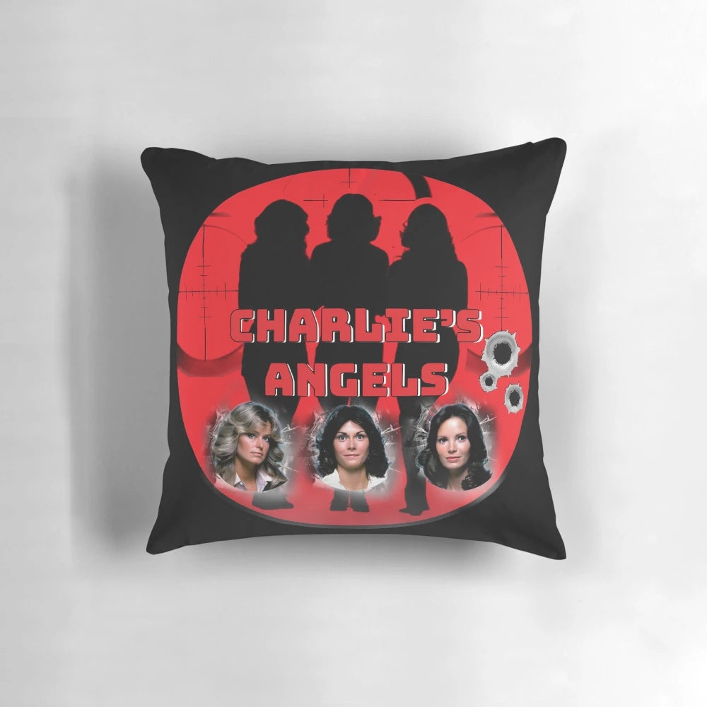 Vibrant "Charlie's Angels" themed throw pillow featuring the iconic trio of lady detectives from the classic 1970s and 1980s television series.