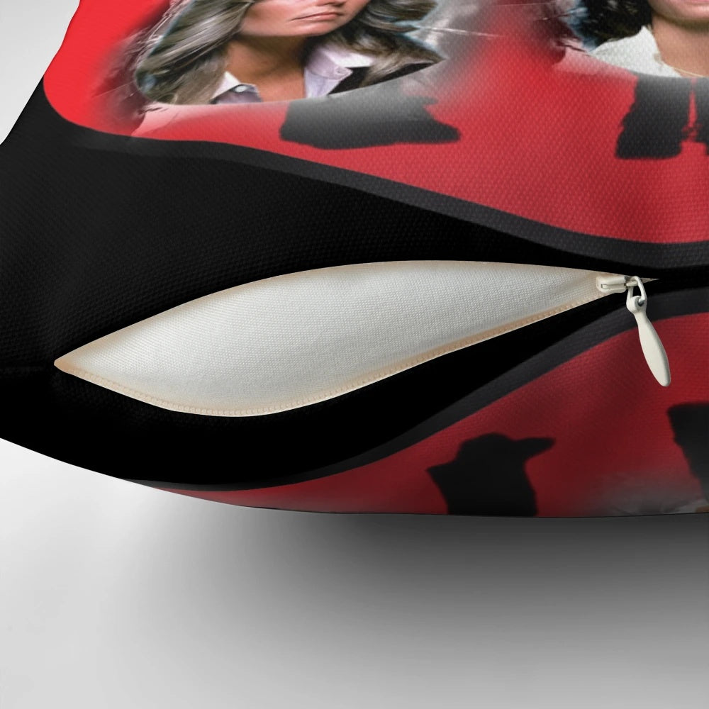 Vibrant "Charlie's Angels" themed throw pillow featuring the iconic trio of lady detectives from the classic 1970s and 1980s television series.