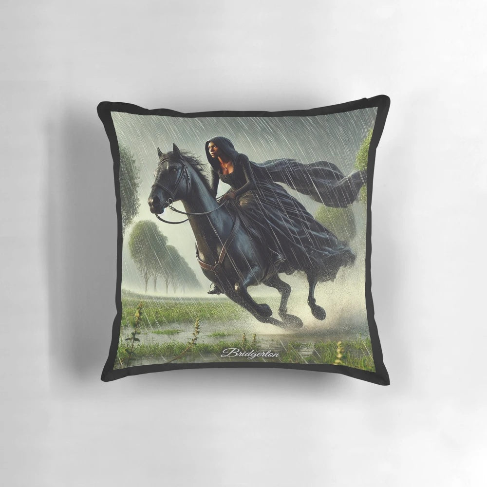 Bridgerton-inspired pillow depicting Kate Sharma riding through a rainy landscape