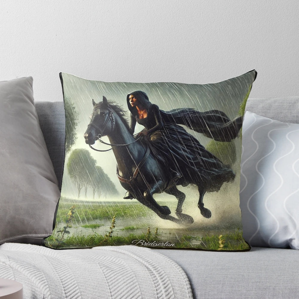Bridgerton-inspired pillow depicting Kate Sharma riding through a rainy landscape
