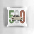 A decorative throw pillow featuring the classic design of the iconic Fiat 500 Italian car against a white background.