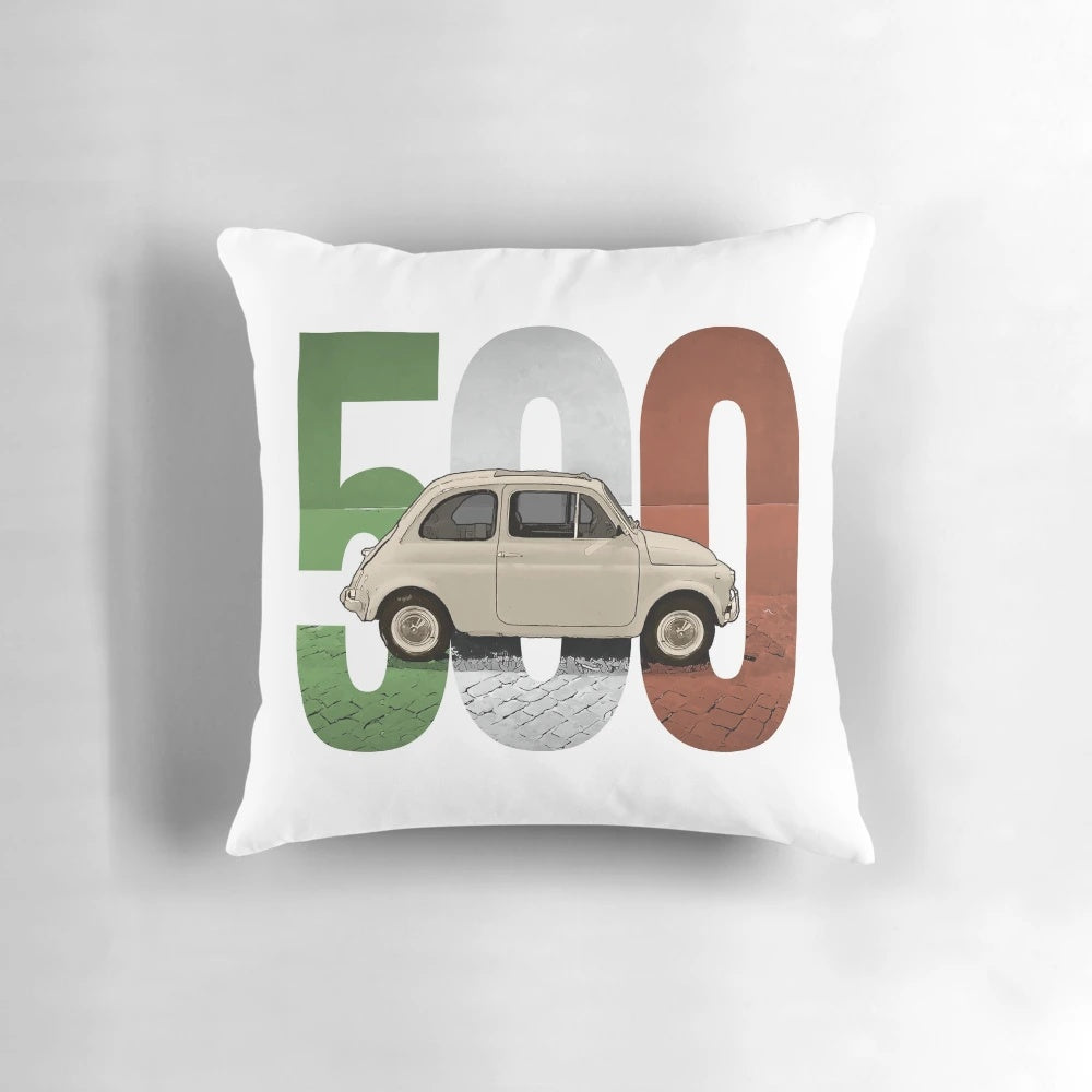 A decorative throw pillow featuring the classic design of the iconic Fiat 500 Italian car against a white background.