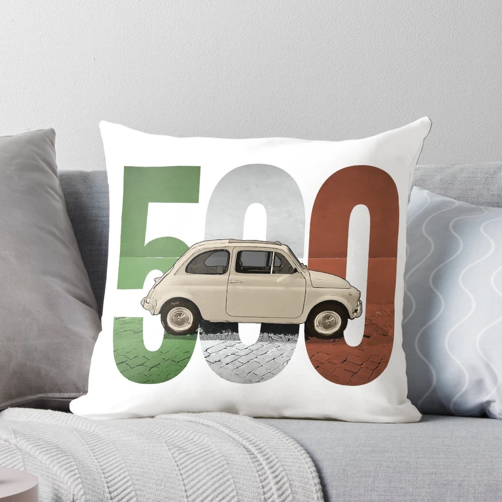 A decorative throw pillow featuring the classic design of the iconic Fiat 500 Italian car against a white background.