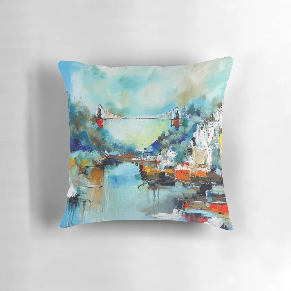 Decorative throw pillow showcasing the iconic Clifton Suspension Bridge in Bristol, England