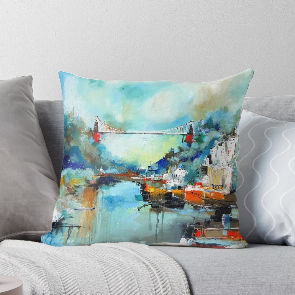 Decorative throw pillow showcasing the iconic Clifton Suspension Bridge in Bristol, England