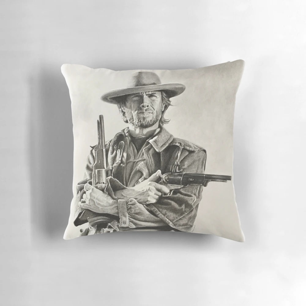 Clint Eastwood sketch printed on a soft, comfortable pillow