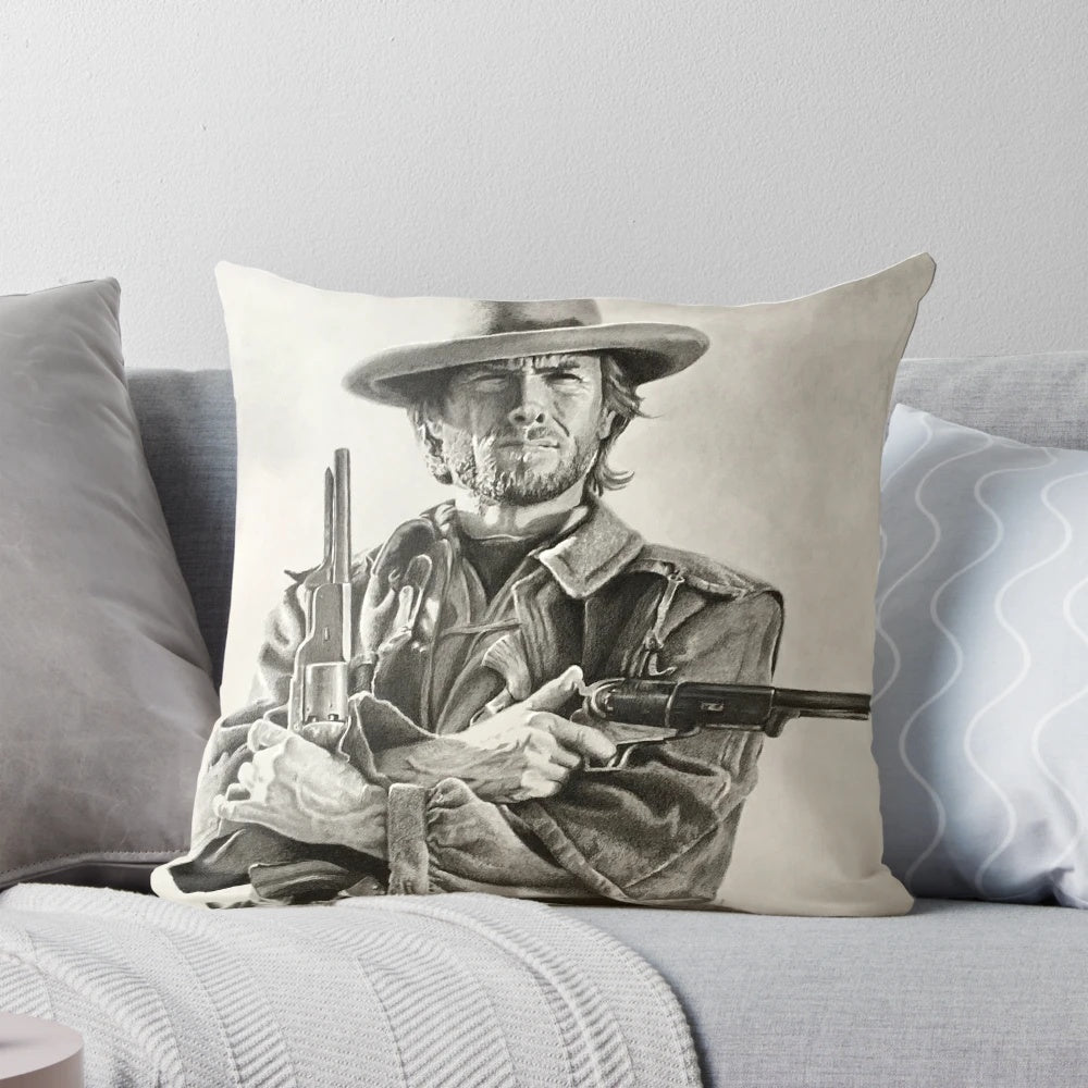 Clint Eastwood sketch printed on a soft, comfortable pillow