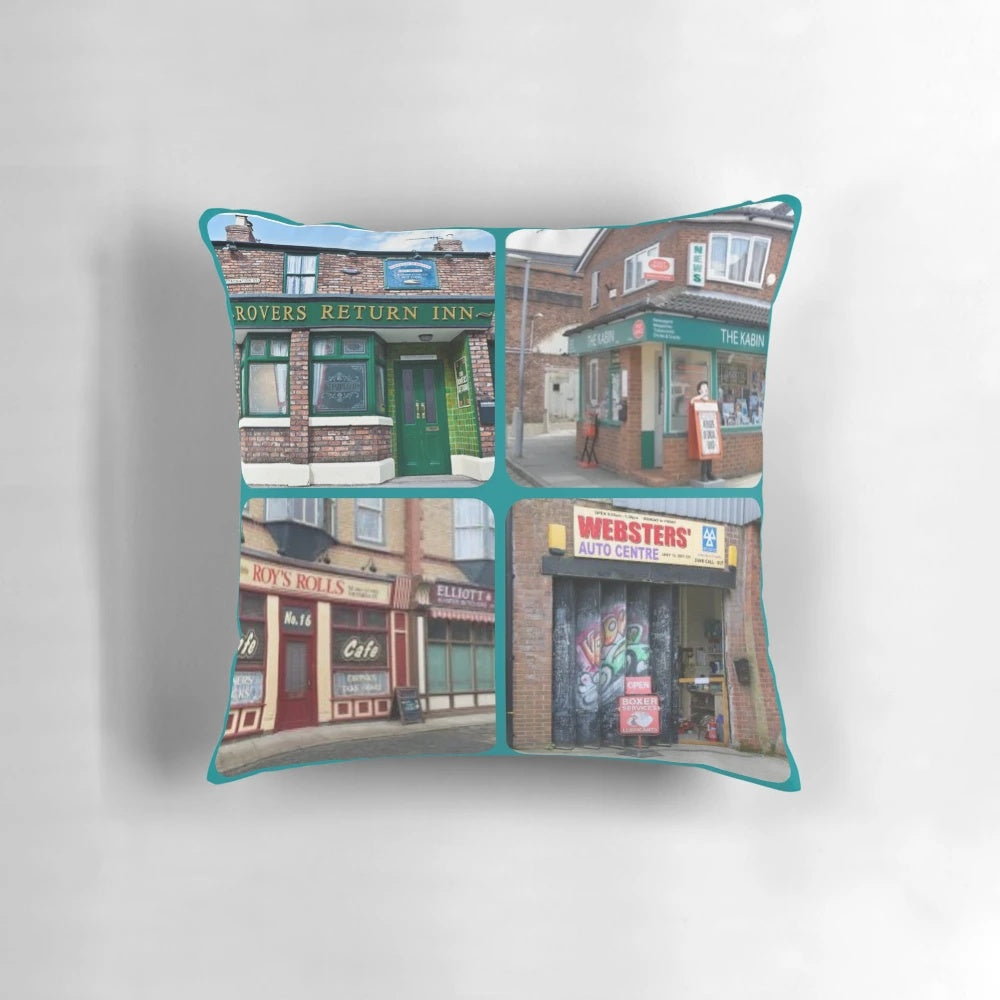 Corrie pillow featuring iconic buildings from Coronation Street
