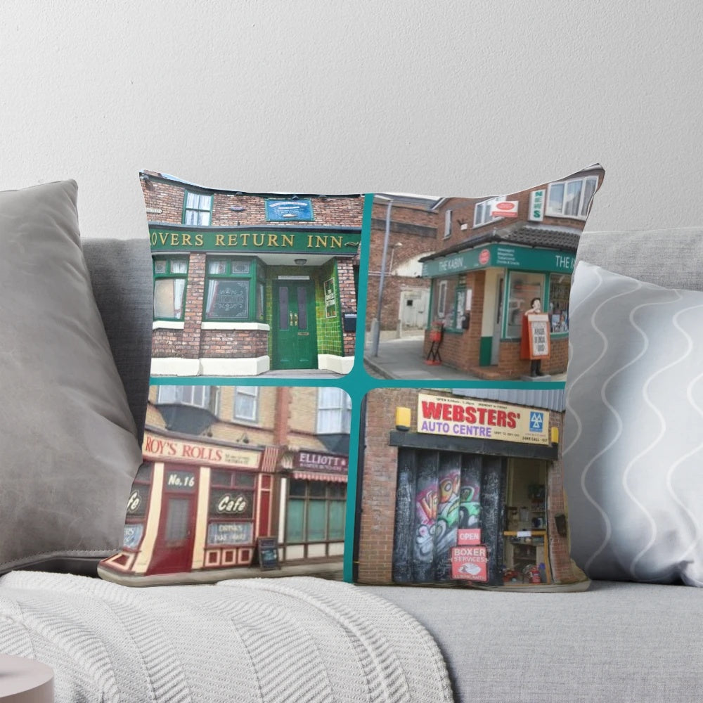 Corrie pillow featuring iconic buildings from Coronation Street