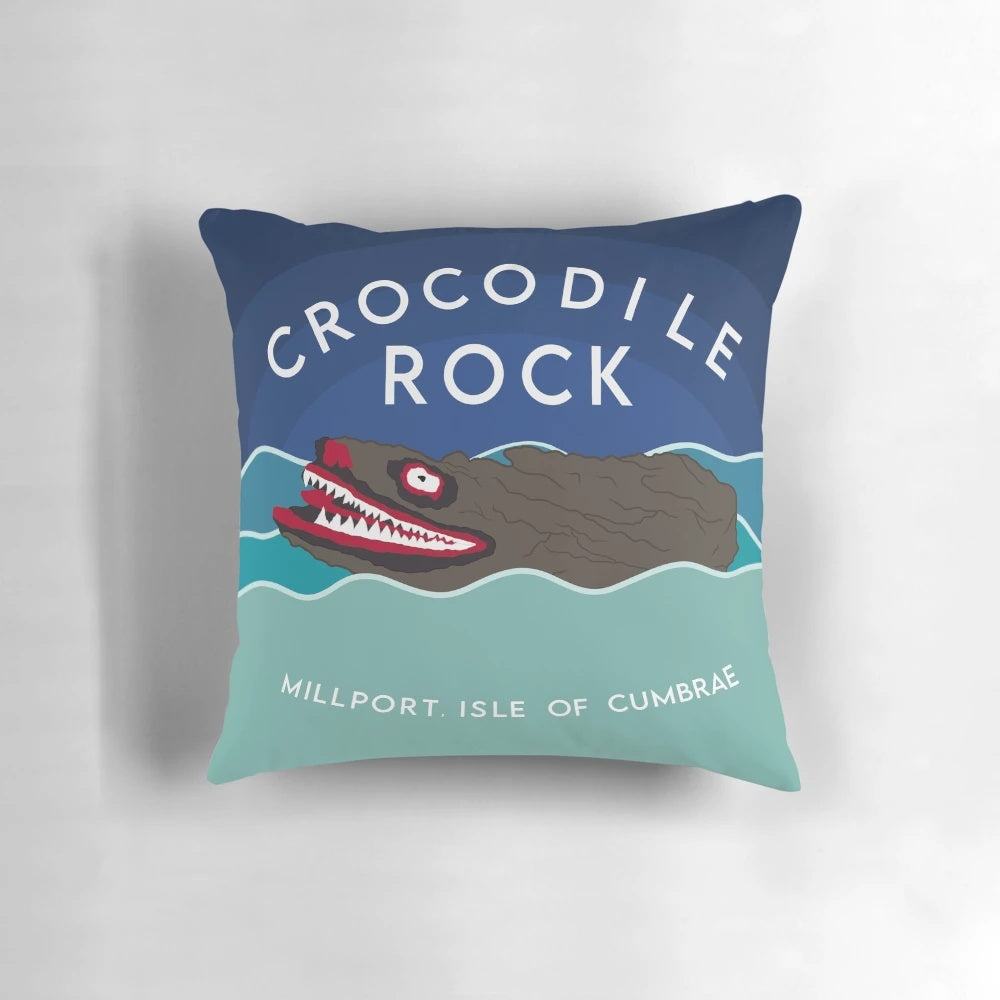 Crocodile Rock Millport Pillow featuring a painted image of the famous rock formation on the Isle of Cumbrae, Scotland