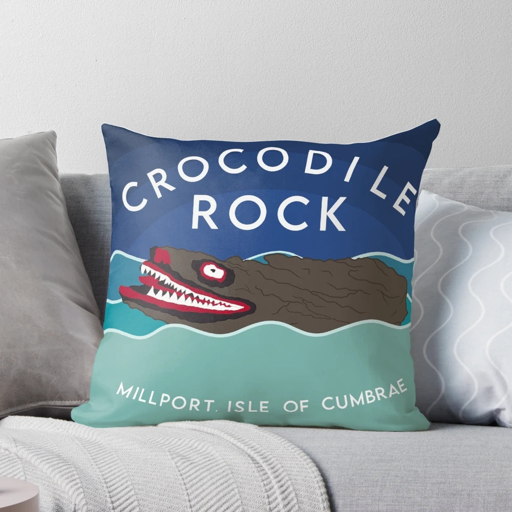 Crocodile Rock Millport Pillow featuring a painted image of the famous rock formation on the Isle of Cumbrae, Scotland