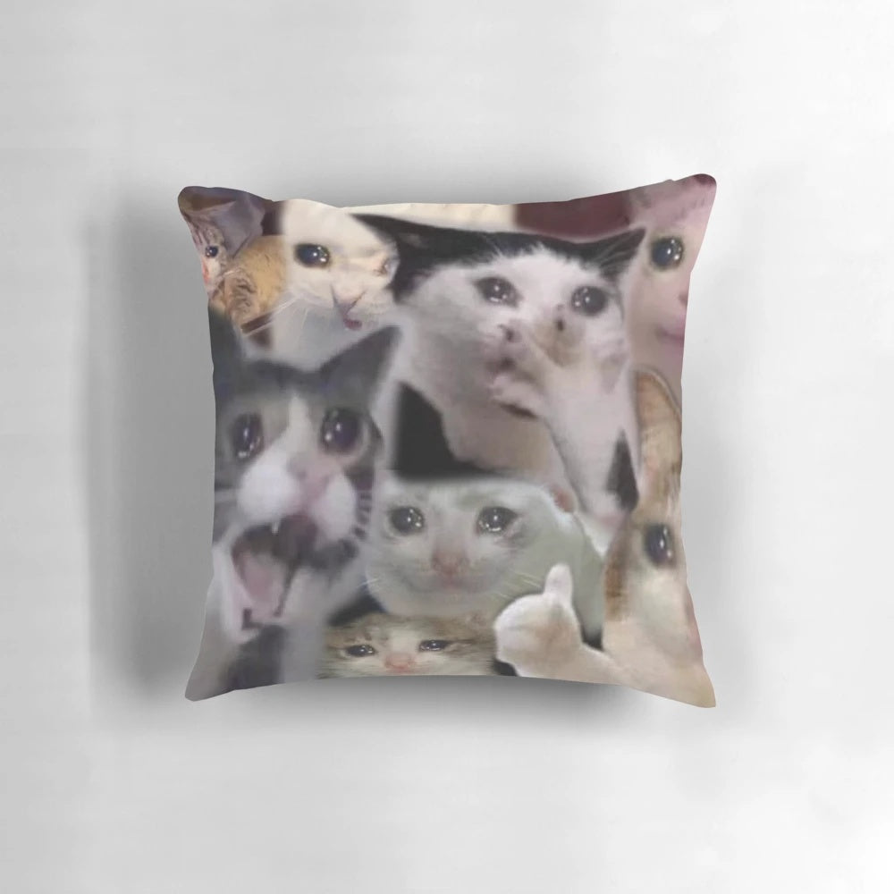 Iconic Crying Cat Meme Collage Pillow featuring a collage of the popular "Crying Cat" meme, a viral internet sensation.