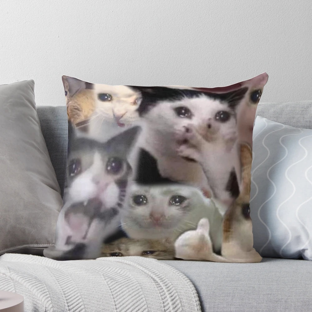 Iconic Crying Cat Meme Collage Pillow featuring a collage of the popular "Crying Cat" meme, a viral internet sensation.