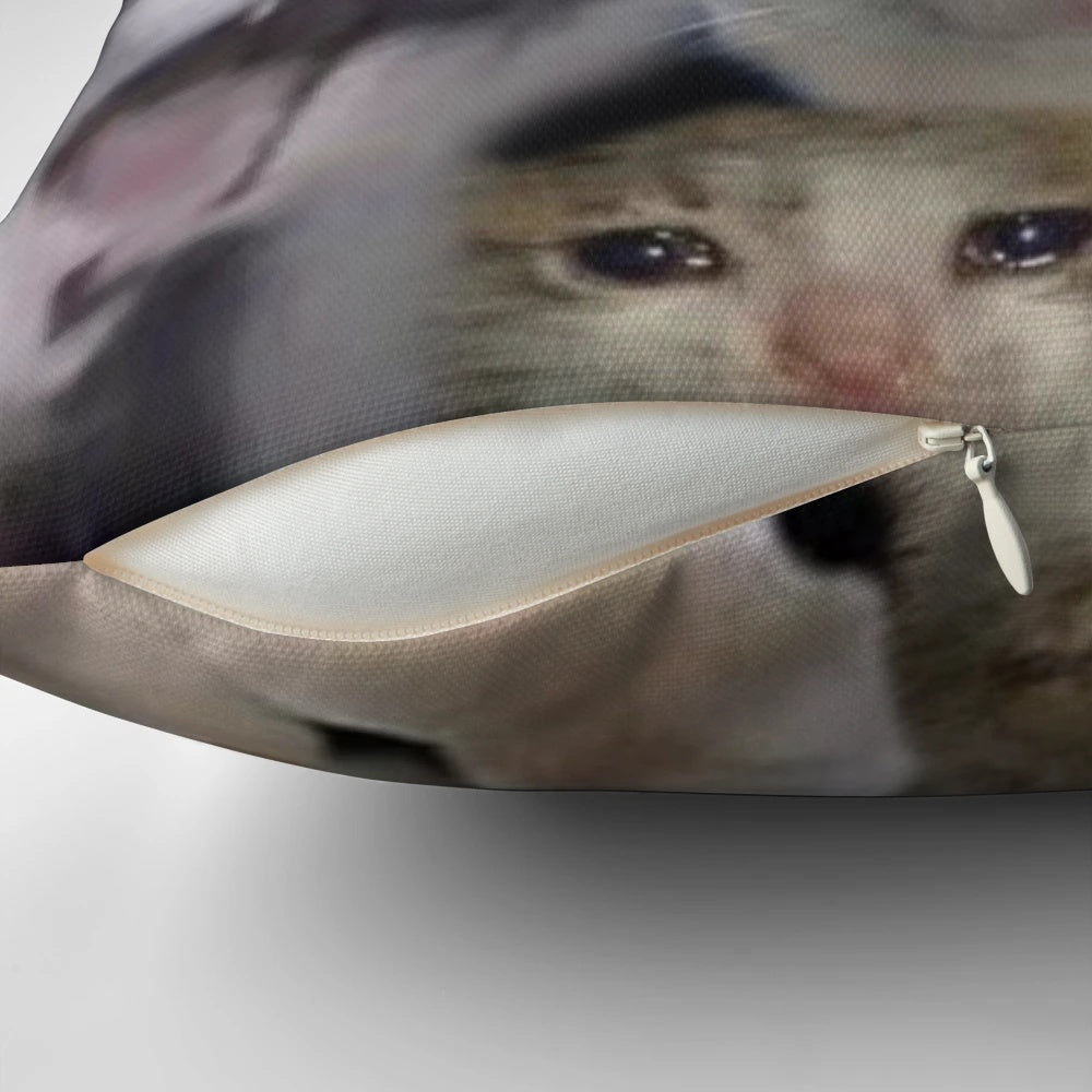 Iconic Crying Cat Meme Collage Pillow featuring a collage of the popular "Crying Cat" meme, a viral internet sensation.