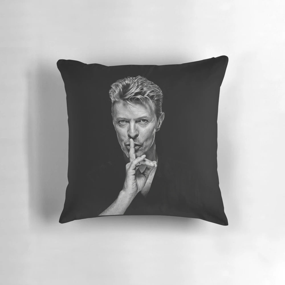 A vibrant pillow design featuring the iconic portrait of legendary musician David Bowie