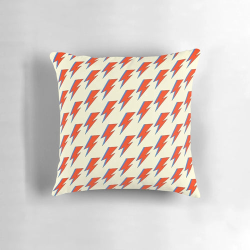 "A decorative pillow featuring the iconic lightning bolt design from David Bowie's Aladdin Sane album cover"