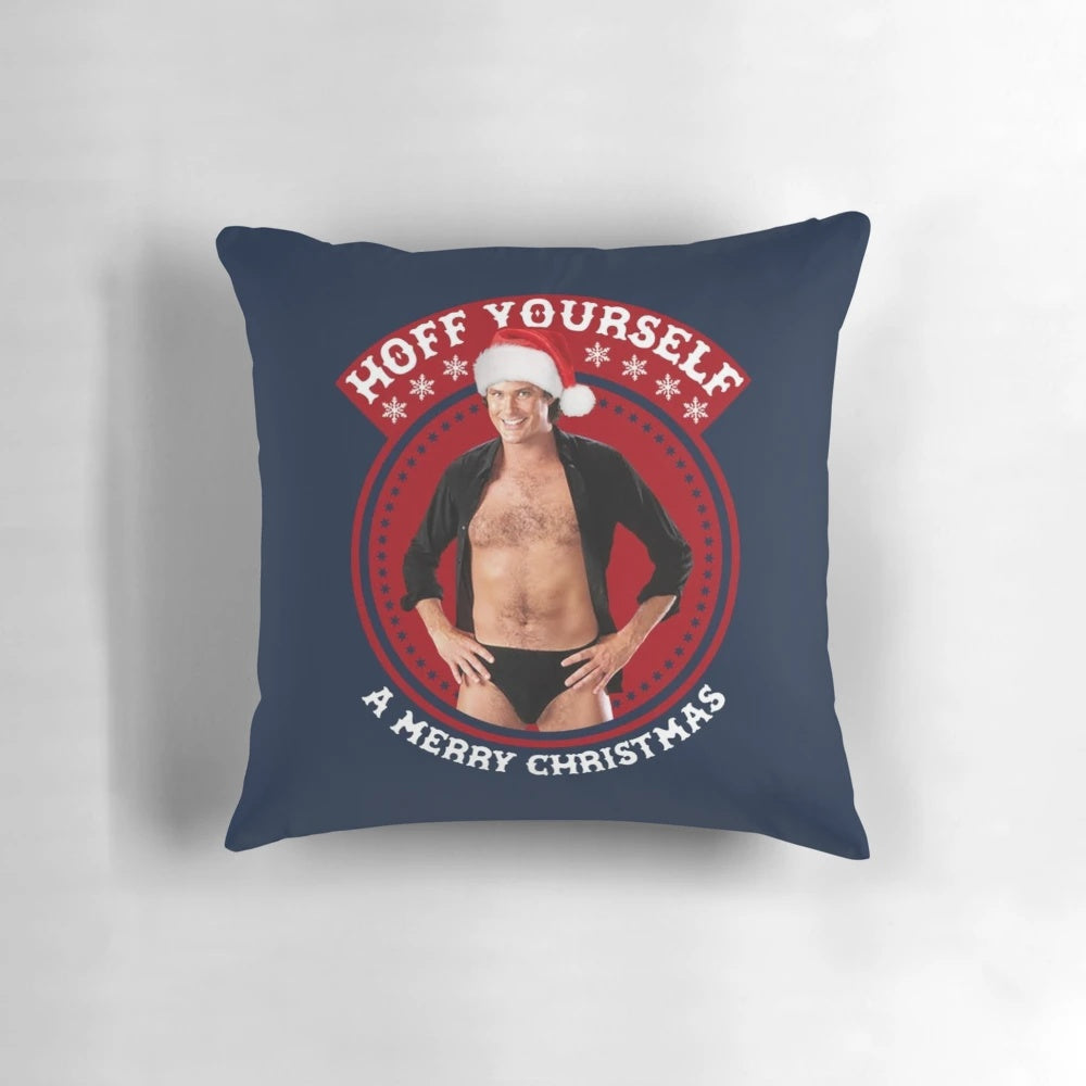 A vintage-style pillow featuring a portrait of legendary actor and television star David Hasselhoff, perfect for the holiday season.