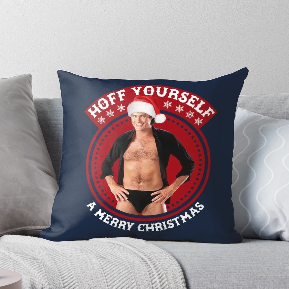 A vintage-style pillow featuring a portrait of legendary actor and television star David Hasselhoff, perfect for the holiday season.