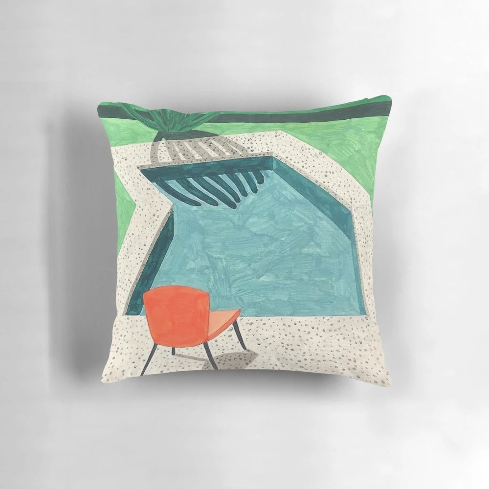 A colorful David Hockney inspired vintage retro chair and poolside pillow design