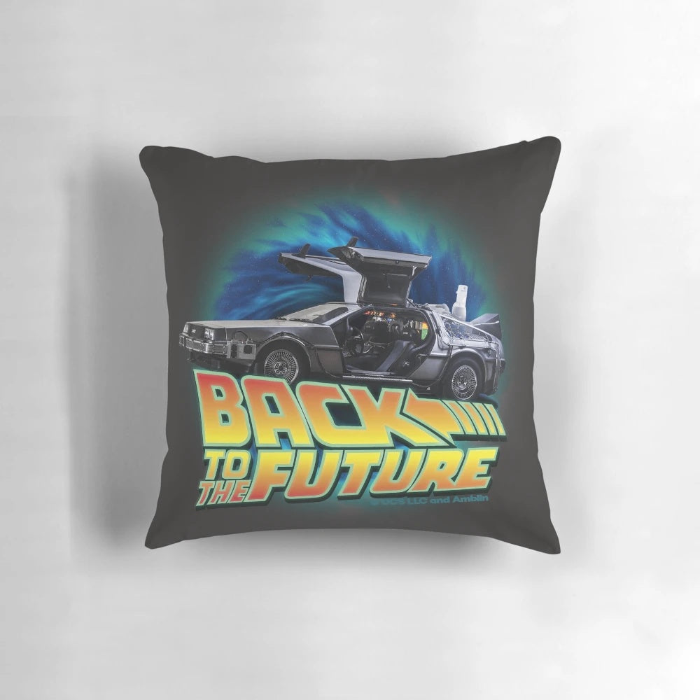 A Pillow featuring the iconic Delorean time machine from the classic 1980s Back to the Future movie.