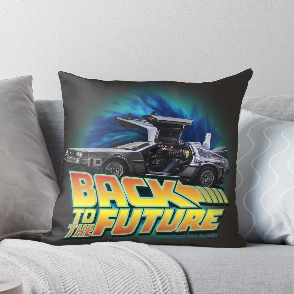 A Pillow featuring the iconic Delorean time machine from the classic 1980s Back to the Future movie.