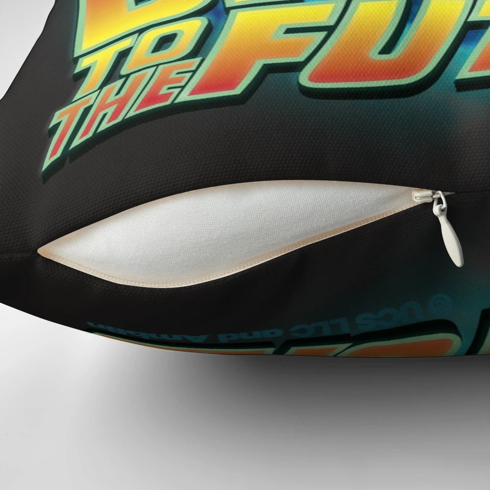 A Pillow featuring the iconic Delorean time machine from the classic 1980s Back to the Future movie.