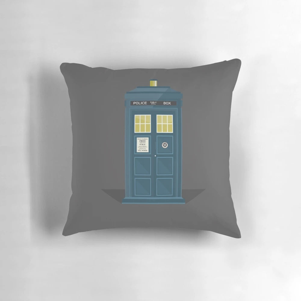 Dr. Who TARDIS-themed throw pillow featuring the iconic blue police box design