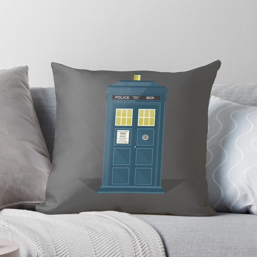 Dr. Who TARDIS-themed throw pillow featuring the iconic blue police box design