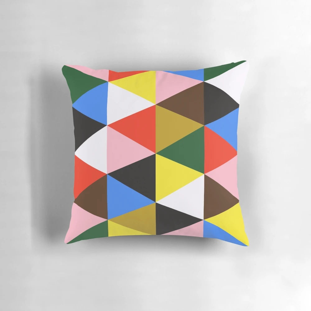 Eames-inspired abstract hexagon and triangle patterned pillow