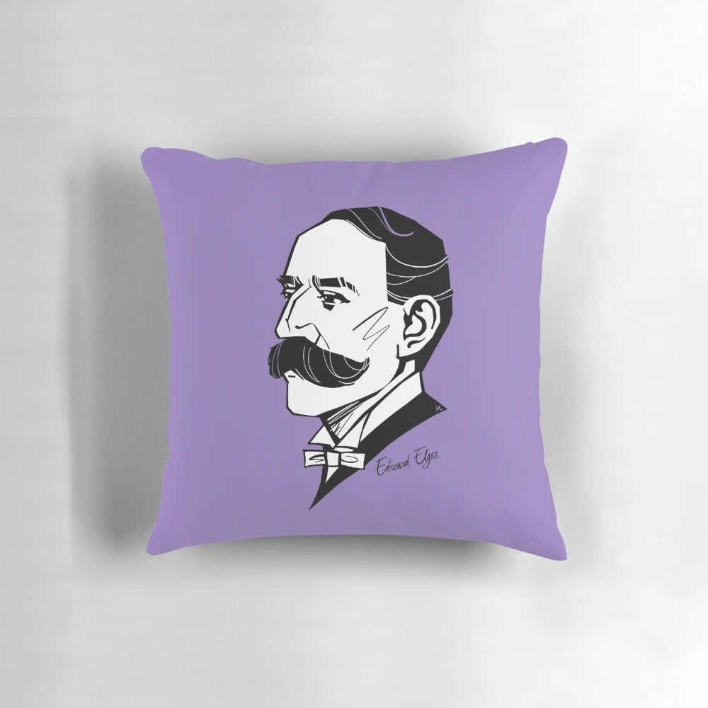 Pillow featuring a minimalist portrait illustration of renowned classical composer Edward Elgar