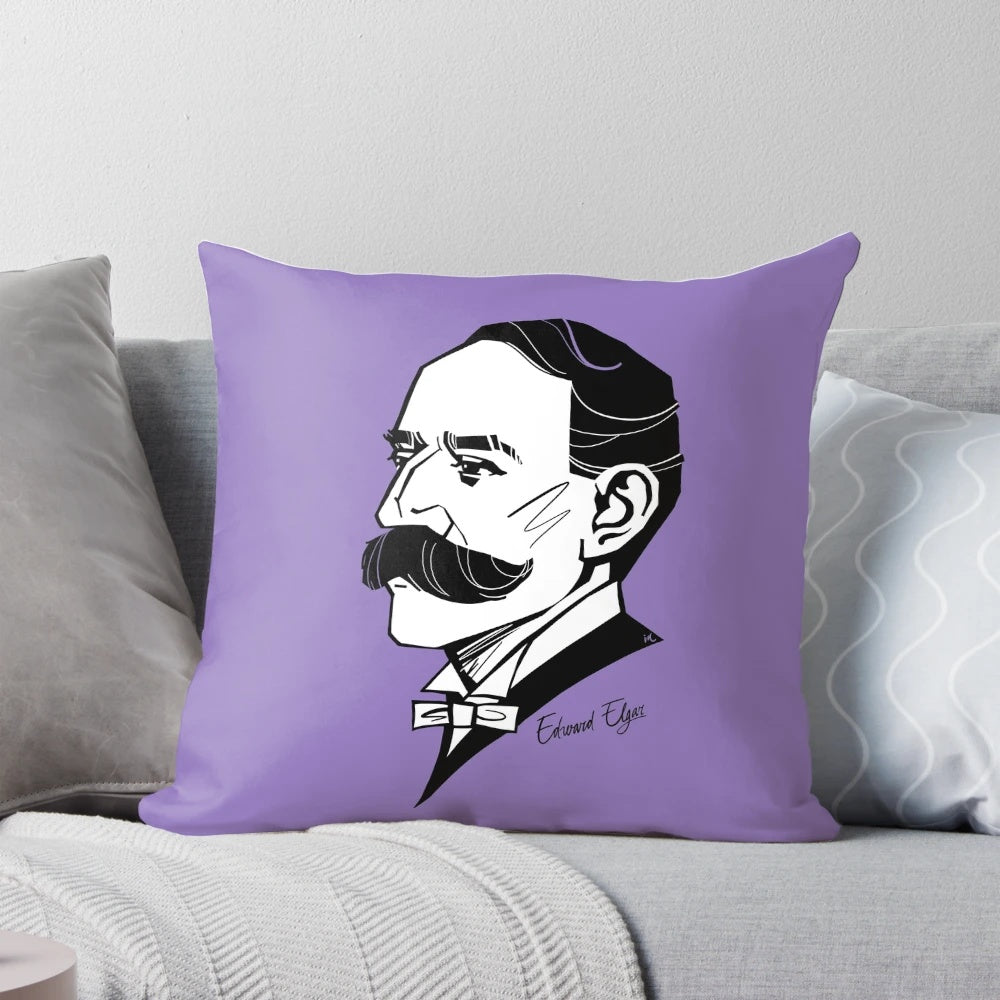 Pillow featuring a minimalist portrait illustration of renowned classical composer Edward Elgar