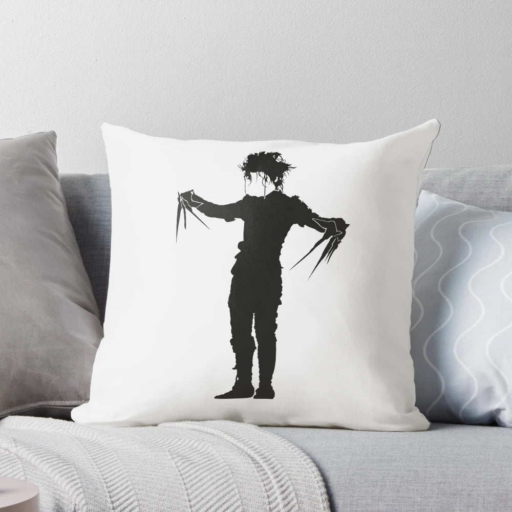 Minimalist white pillow featuring the iconic character Edward Scissorhands from the 1990s cult classic film.