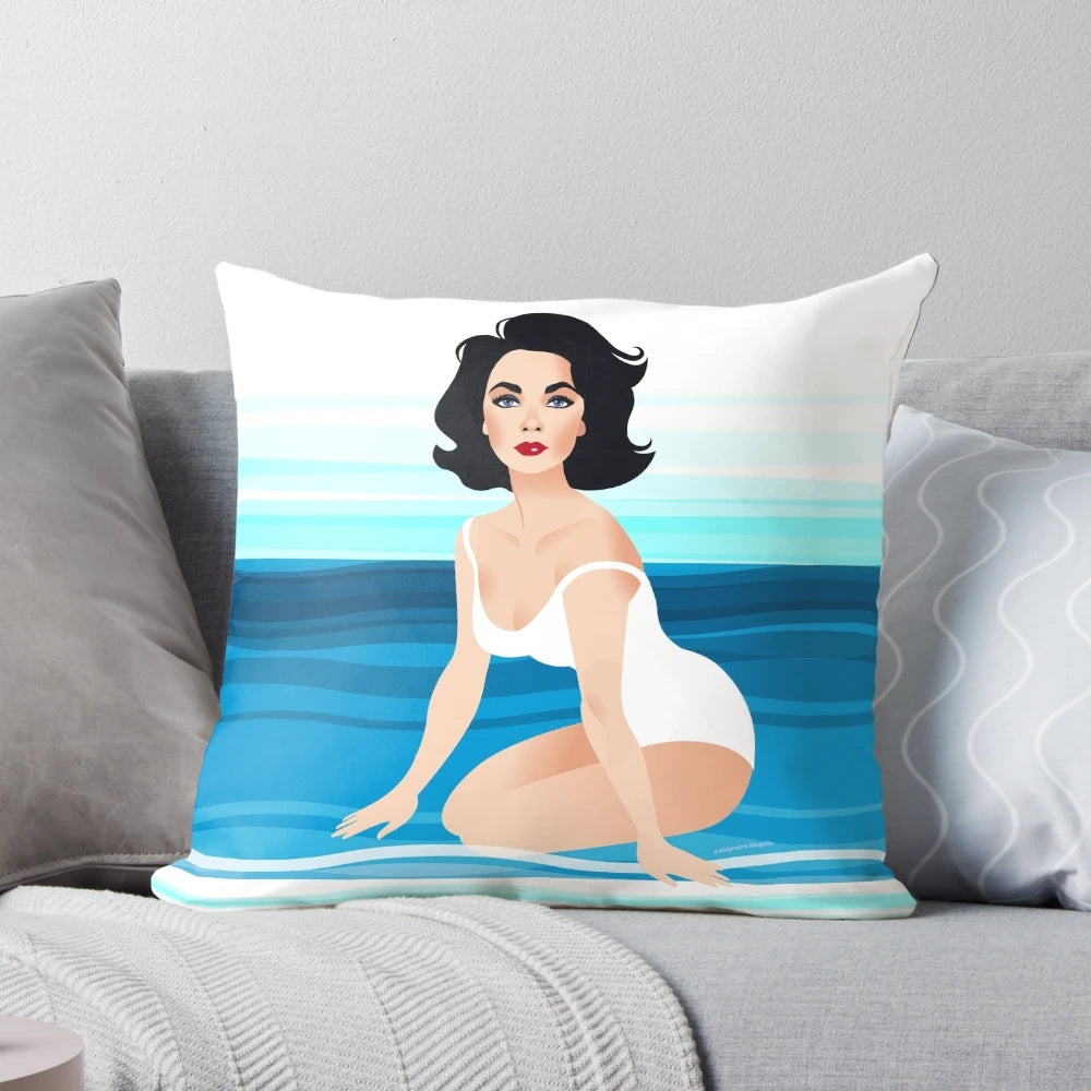 Elegant Elizabeth Taylor in a classic Hollywood movie scene decorative pillow