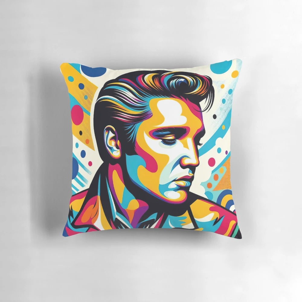 Vibrant pop art pillow featuring the legendary Elvis Presley