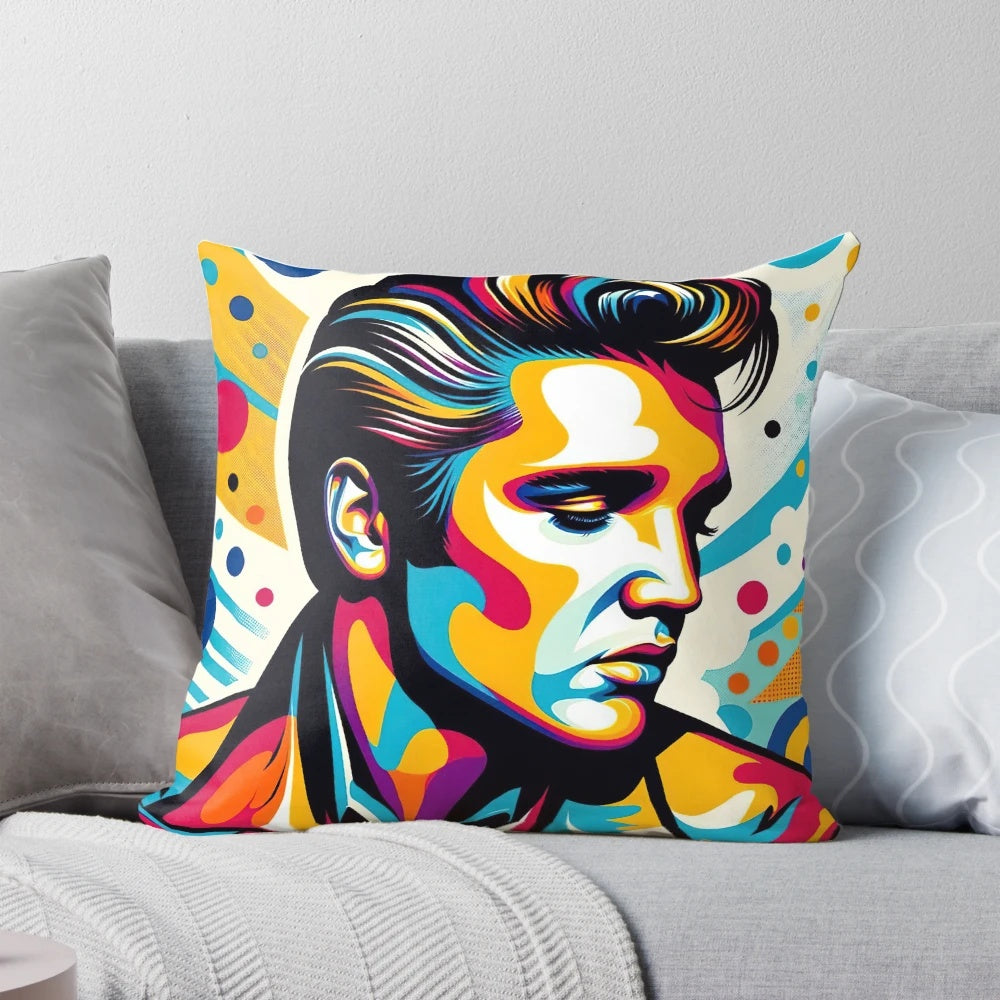 Vibrant pop art pillow featuring the legendary Elvis Presley