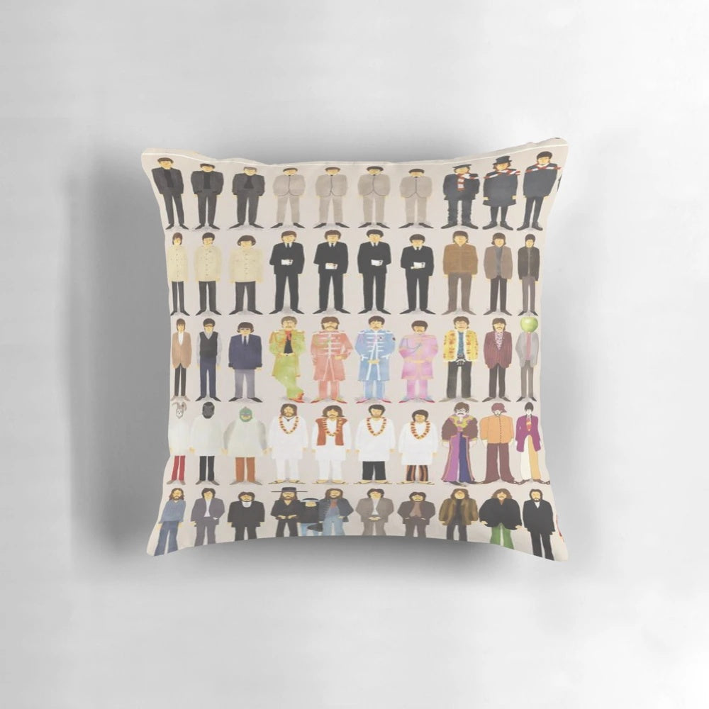 Vintage-inspired England pillow featuring psychedelic imagery and 60s music references