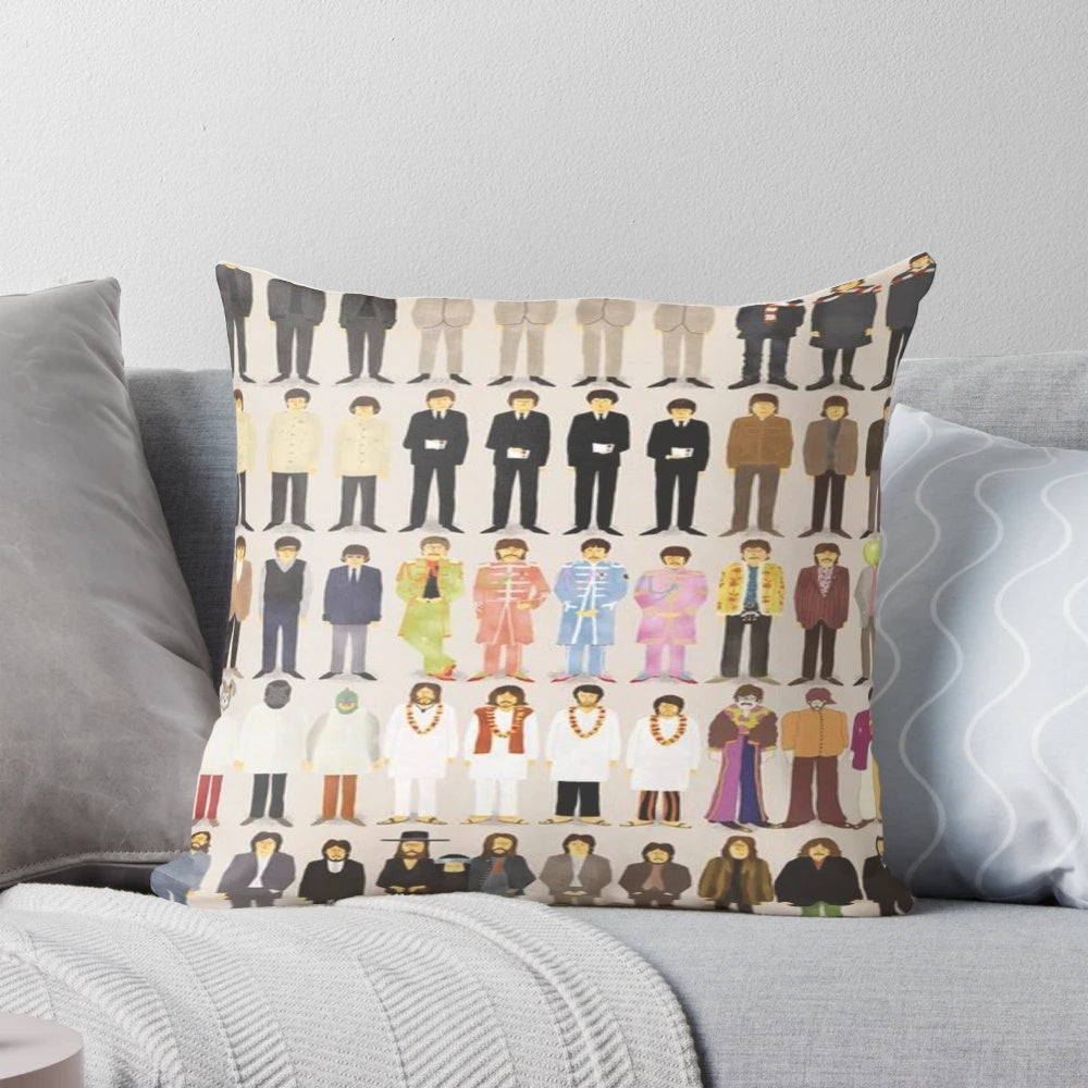Vintage-inspired England pillow featuring psychedelic imagery and 60s music references