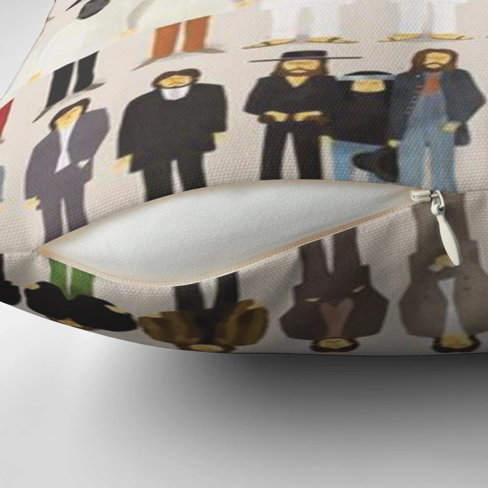 Vintage-inspired England pillow featuring psychedelic imagery and 60s music references