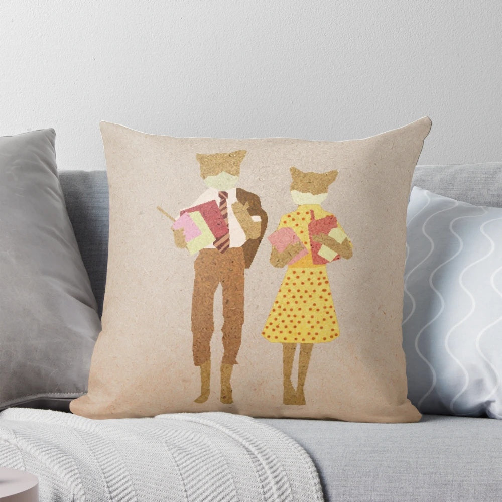 Fantastic Mr Fox" themed decorative throw pillow featuring Wes Anderson's cult classic movie characters