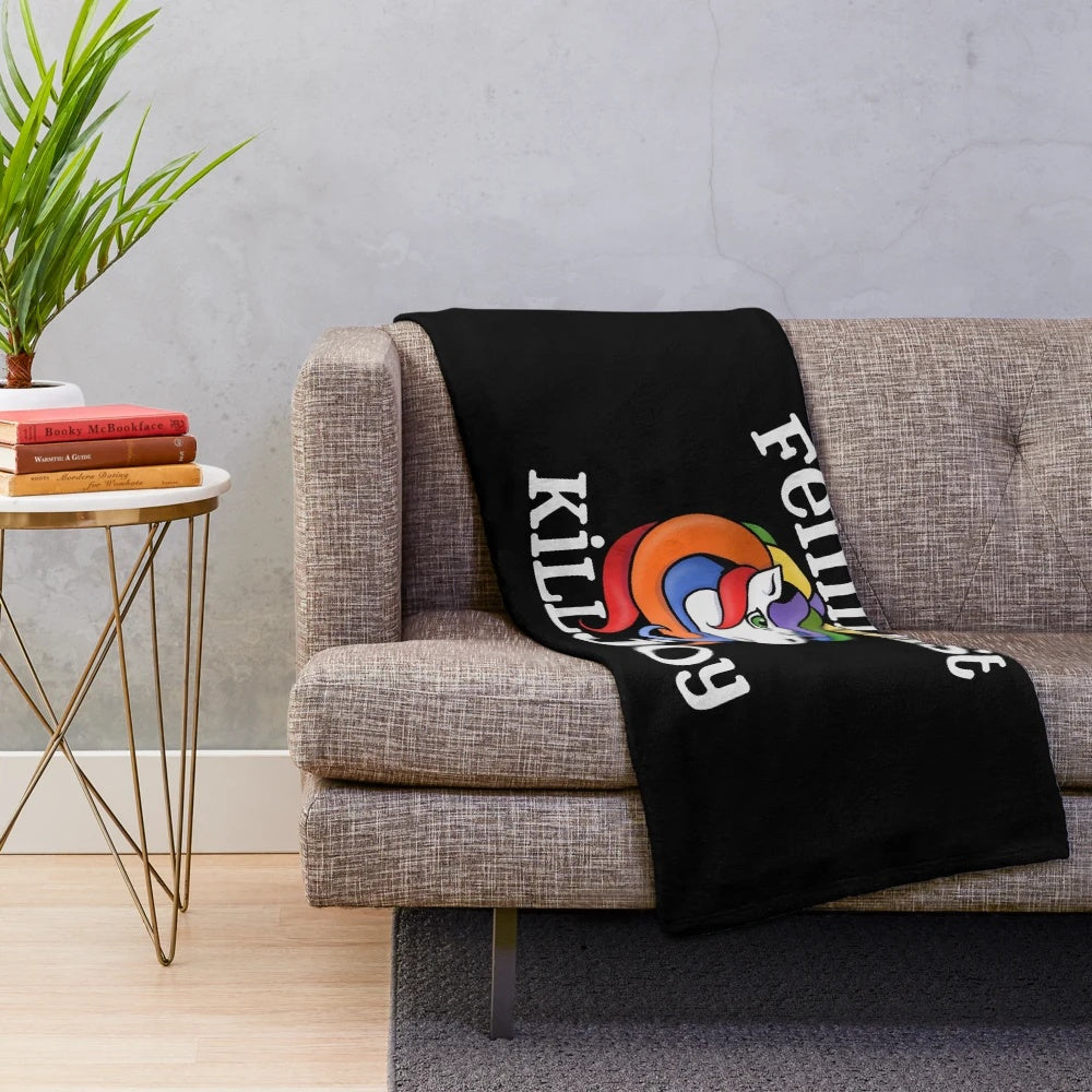 Feminist Killjoy Plush Blanket with Retro Rainbow Unicorn Design
